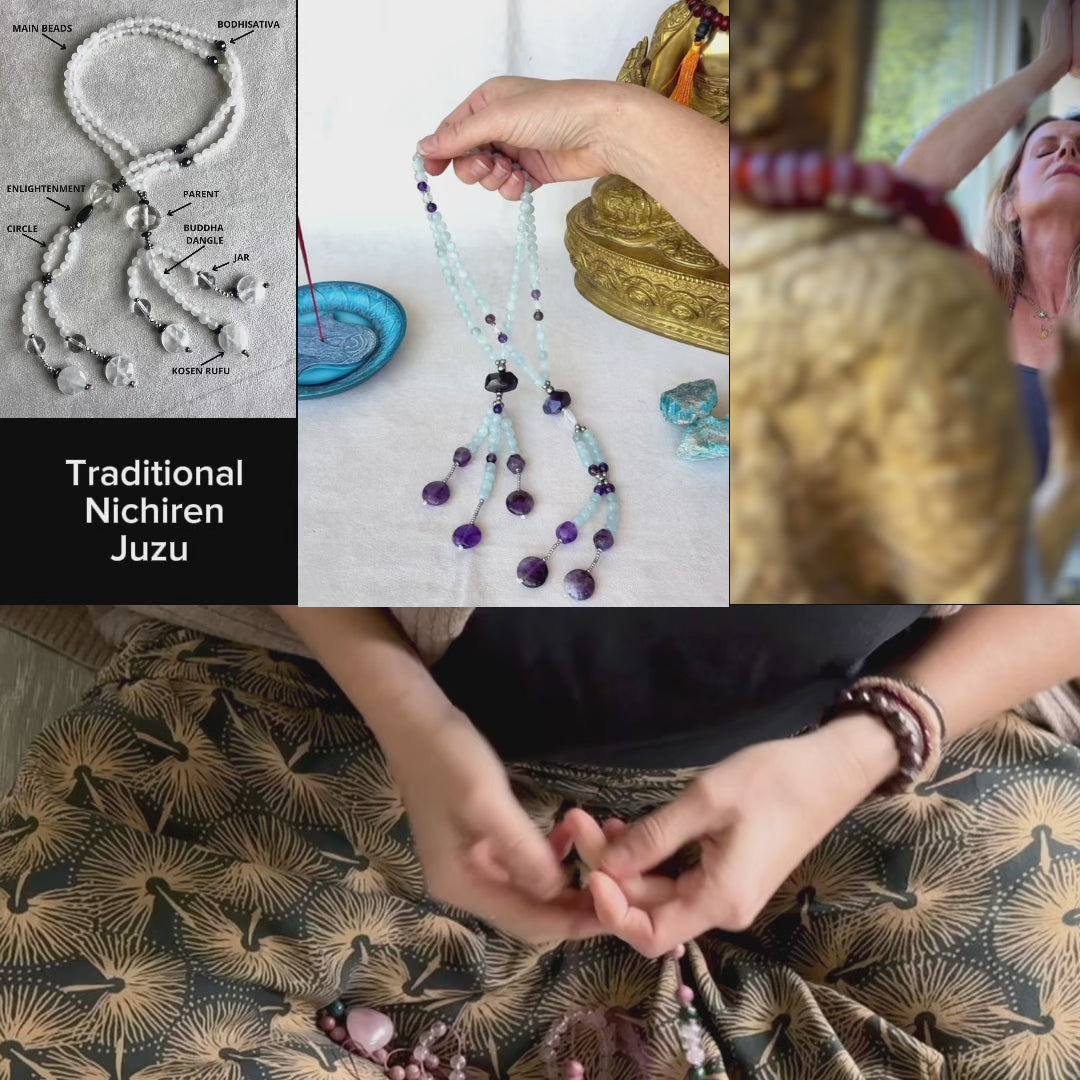 Video perview of Soka Gakkai Japanese Buddhist juzu, handmade prayer beads for Daimoku chanting and meditation. Nam Myoho Renge Kyo SGI - with amethyst and aquamarine. Samdea Mala
