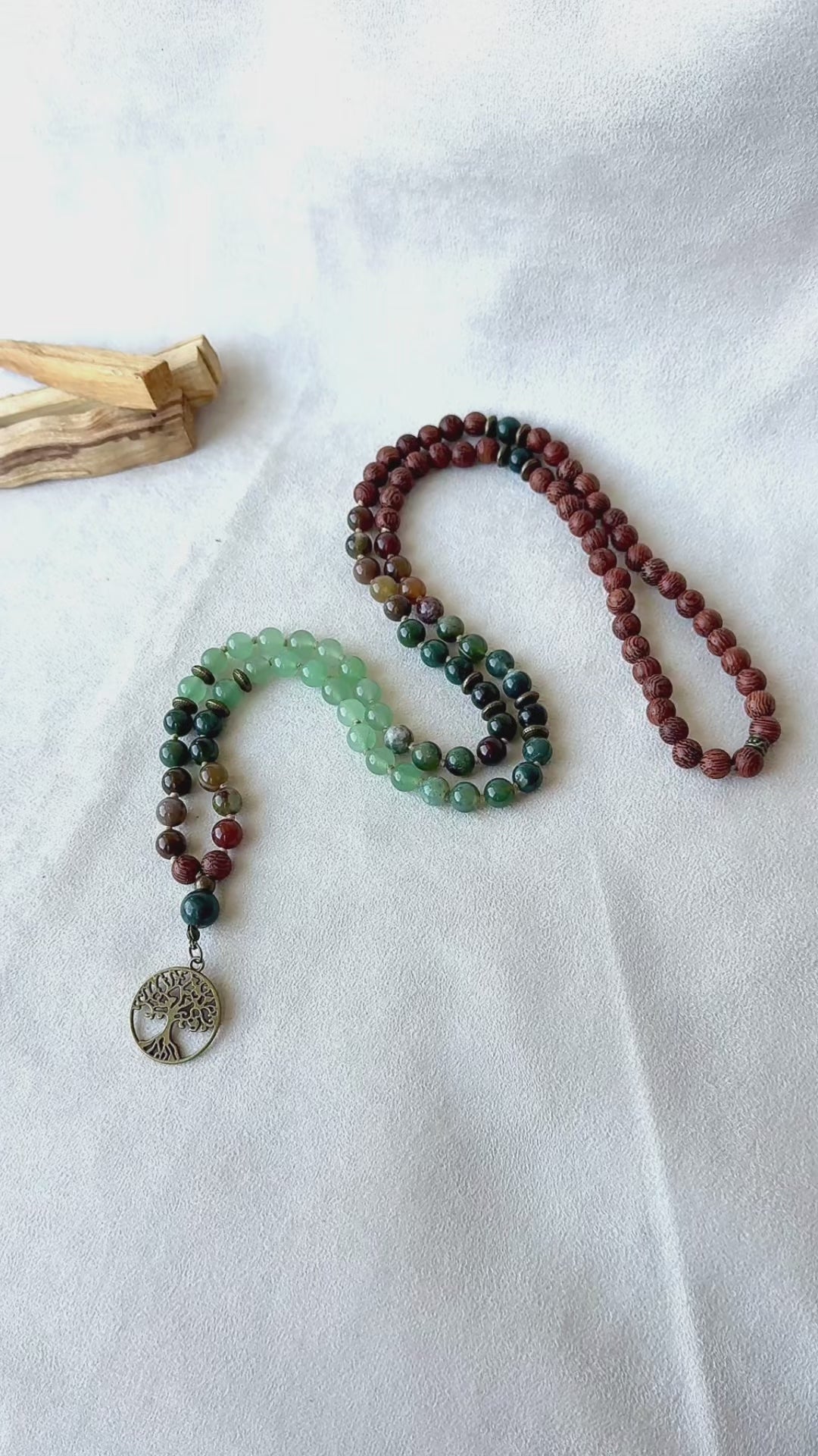Video preview Mala in dragon wood, Indian Agate and Aventurine - meditation mala, custom mala, meditation necklace, spiritual mala, Mala for man - Samdea Mala