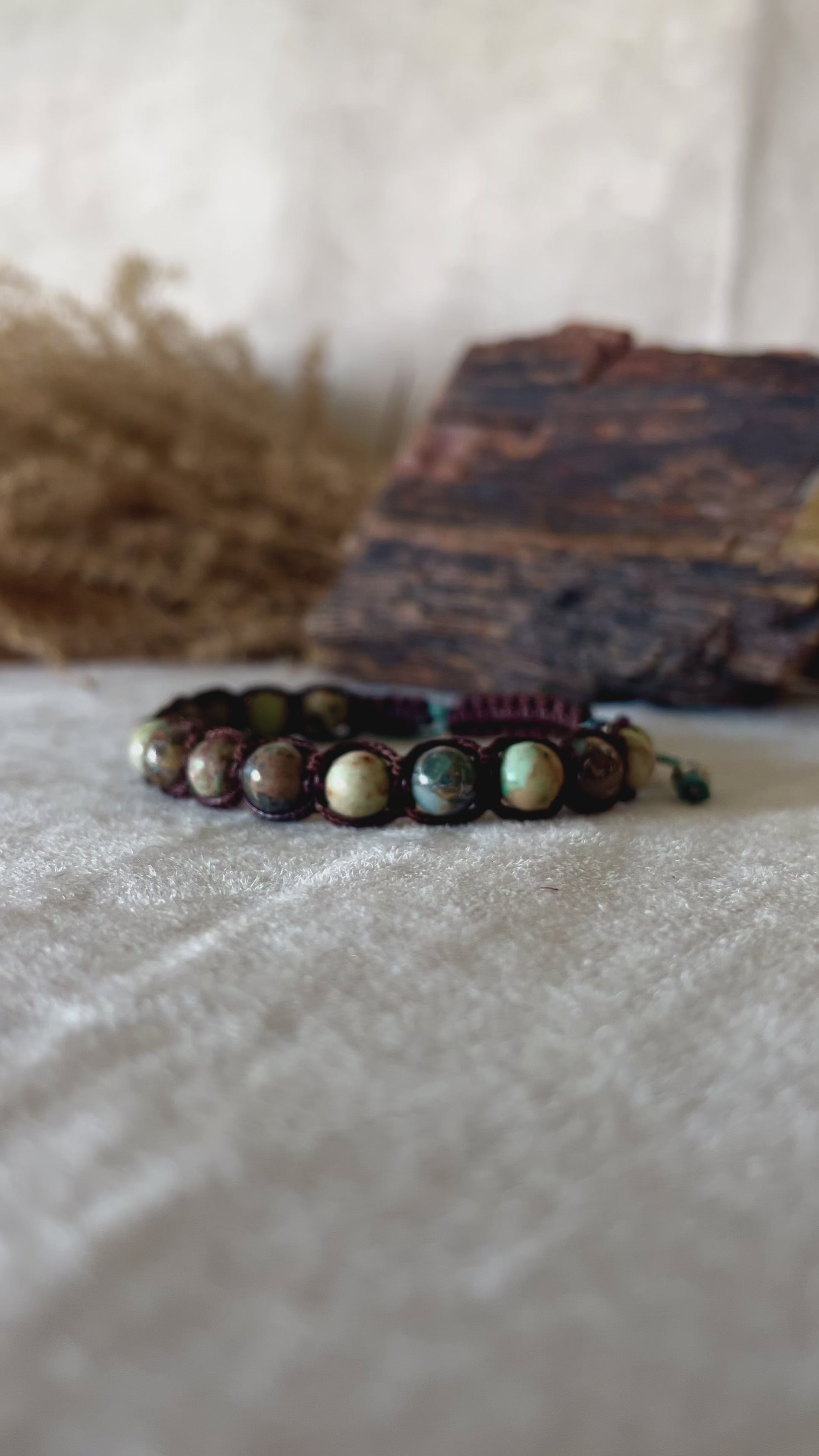 video featuring Samdea Mala Tibetan bracelet in Aqua Jasper for calm and healing. Meditation mala bracelete, a spiritual jewelry for intentions.