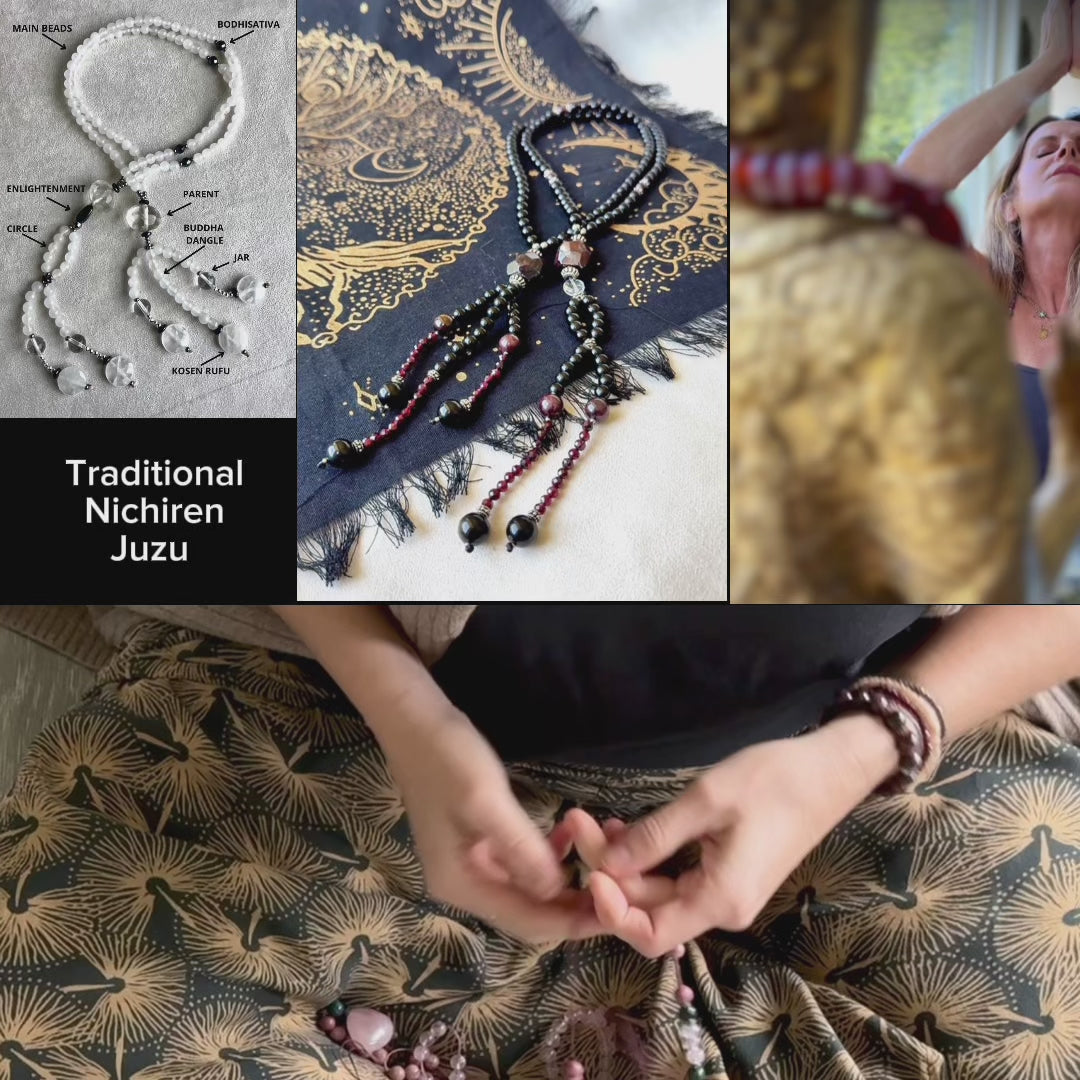 Video preview of Red garnet juzu with tassels – a sacred companion for Nam Myoho Renge Kyo. Handmade Nichiren Juzu in garnet with clear quartz and selenite – for chanting and spiritual clarity.
