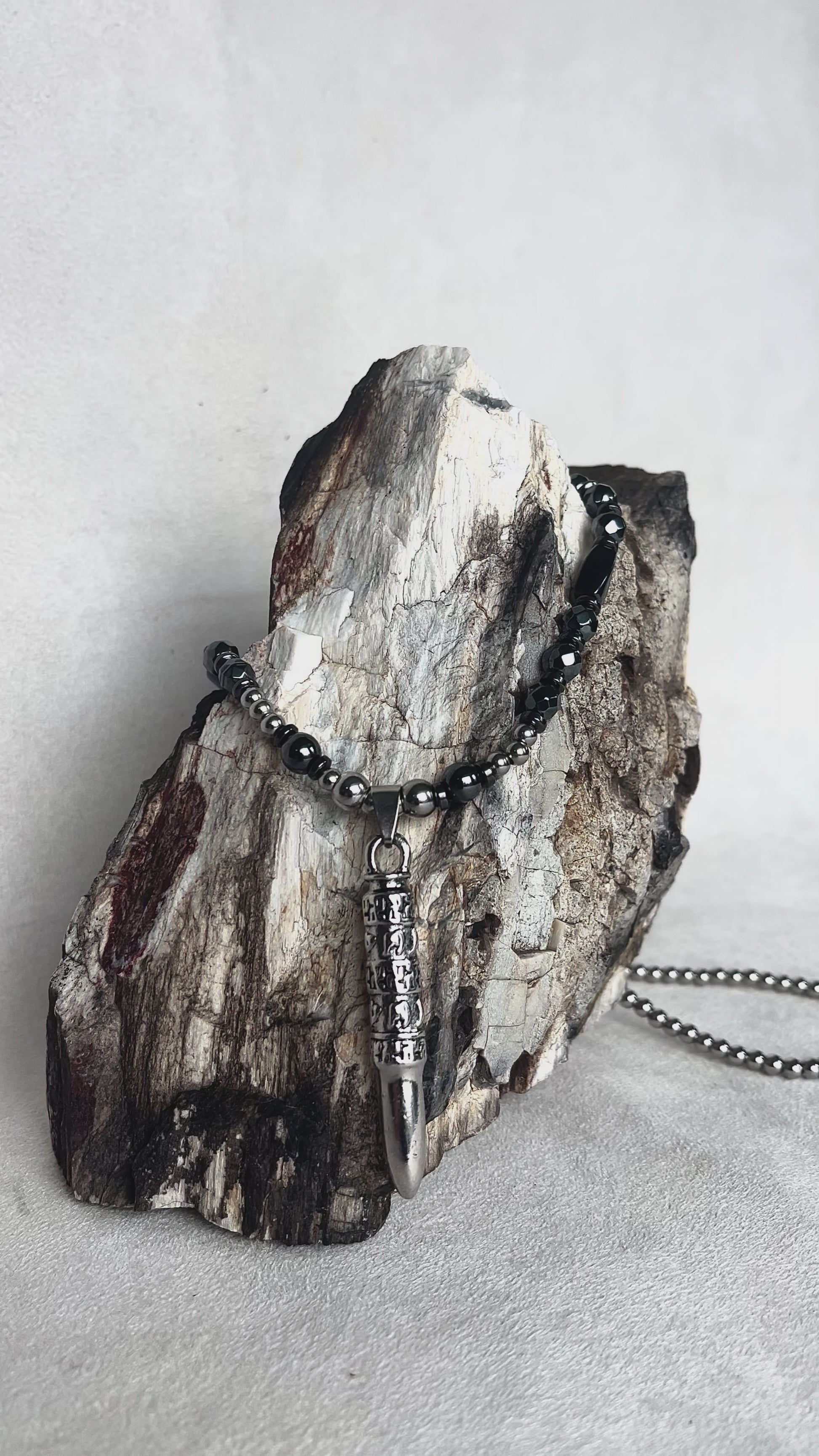 Men’s necklace with Om Mani Padme Hum mantra, steel and hematite for strenght