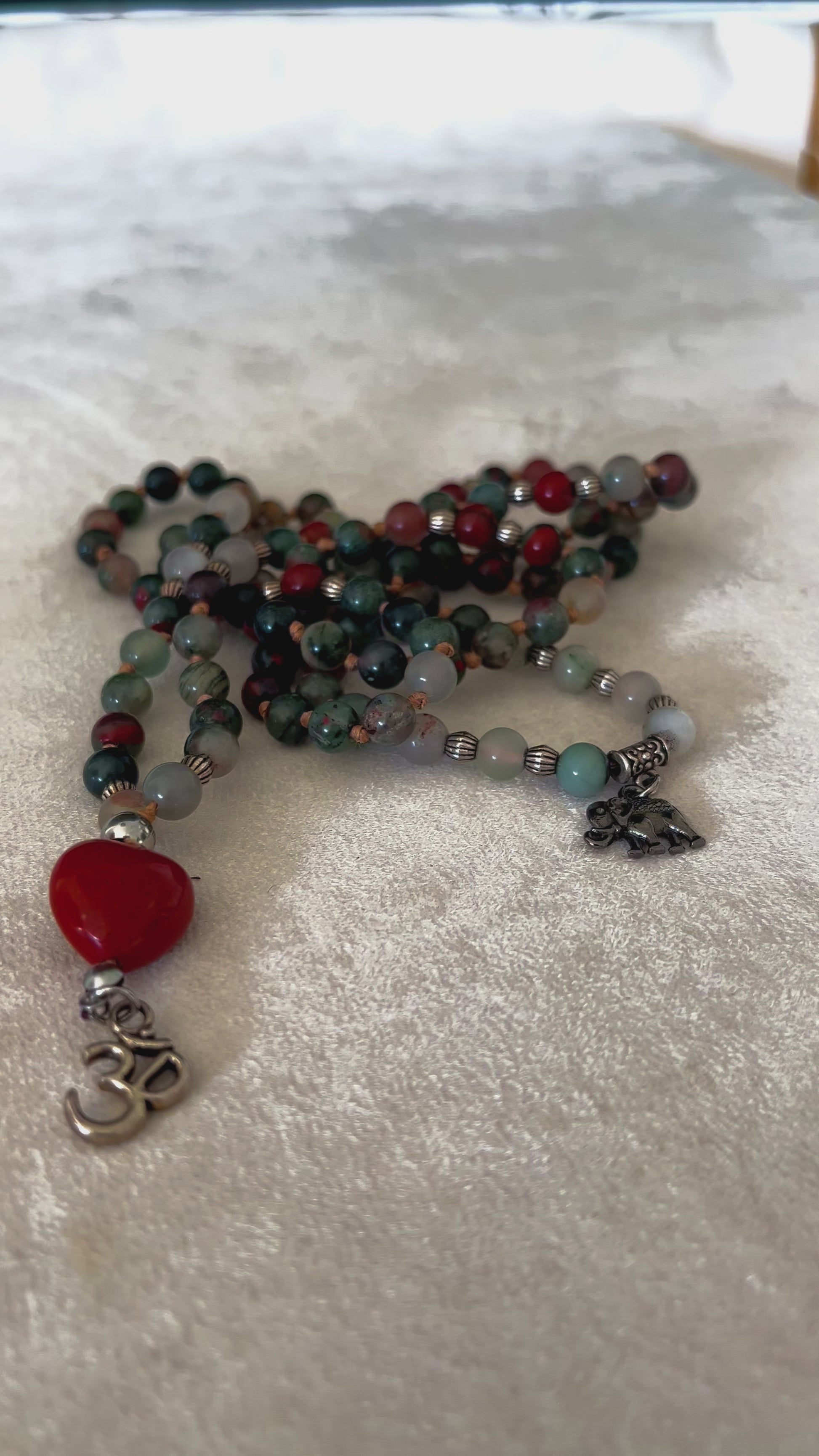 Heliotrope mala necklace for warrior spirit, red jasper herar, custom 108 mala spirtual beads necklace. Om charm.