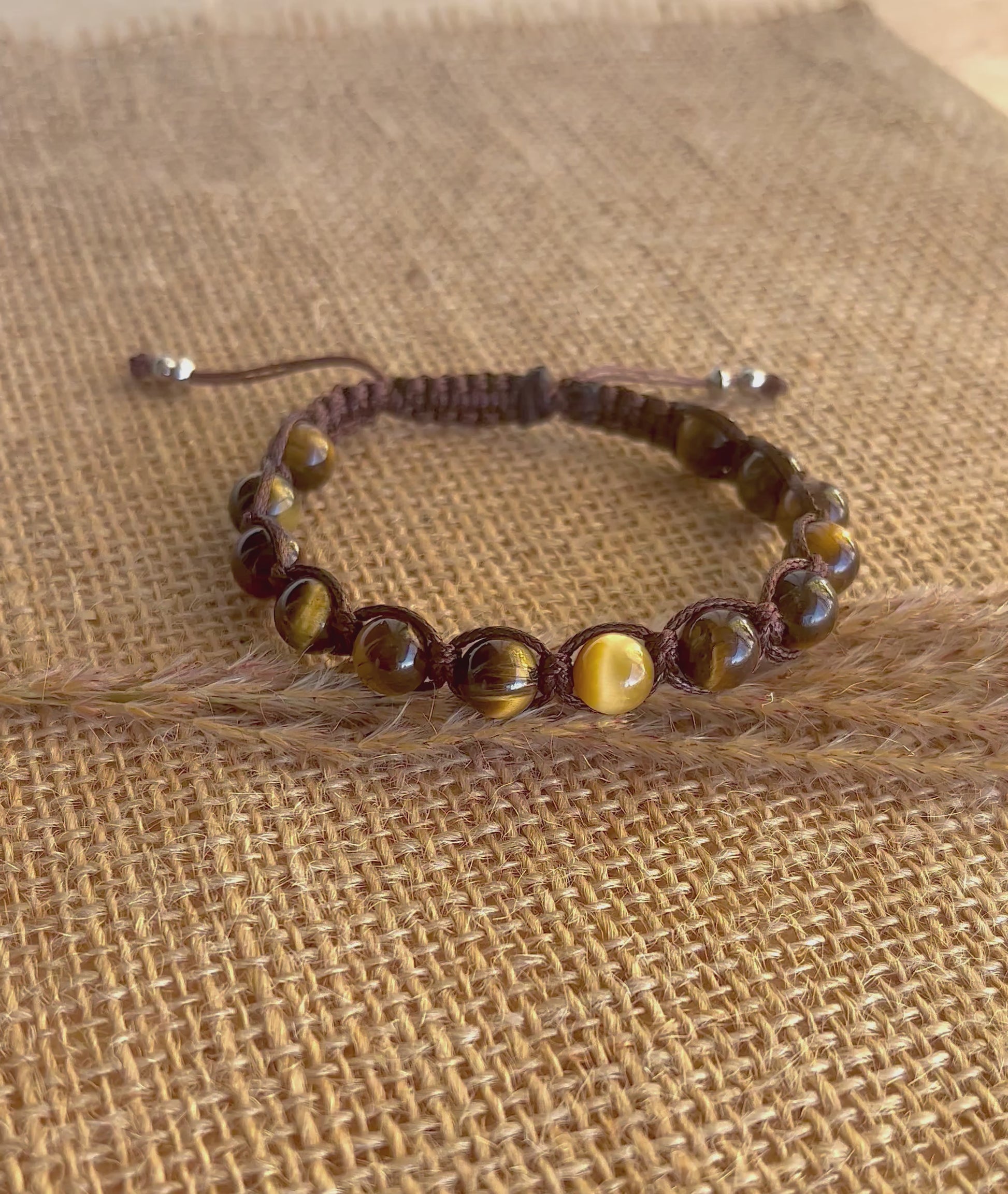 Shamballa, Tibetan Tamashii-Style Bracelet in Tiger Eye - meditation bracelet beads, in brown and yellow shades. Man spiritual bracelet.