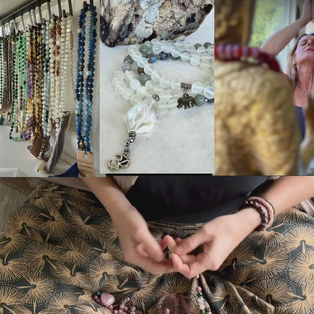 video of selenite, labradorite: a sacred mala hand knotted for intuitive guidance, mental clarity and spiritual alignment