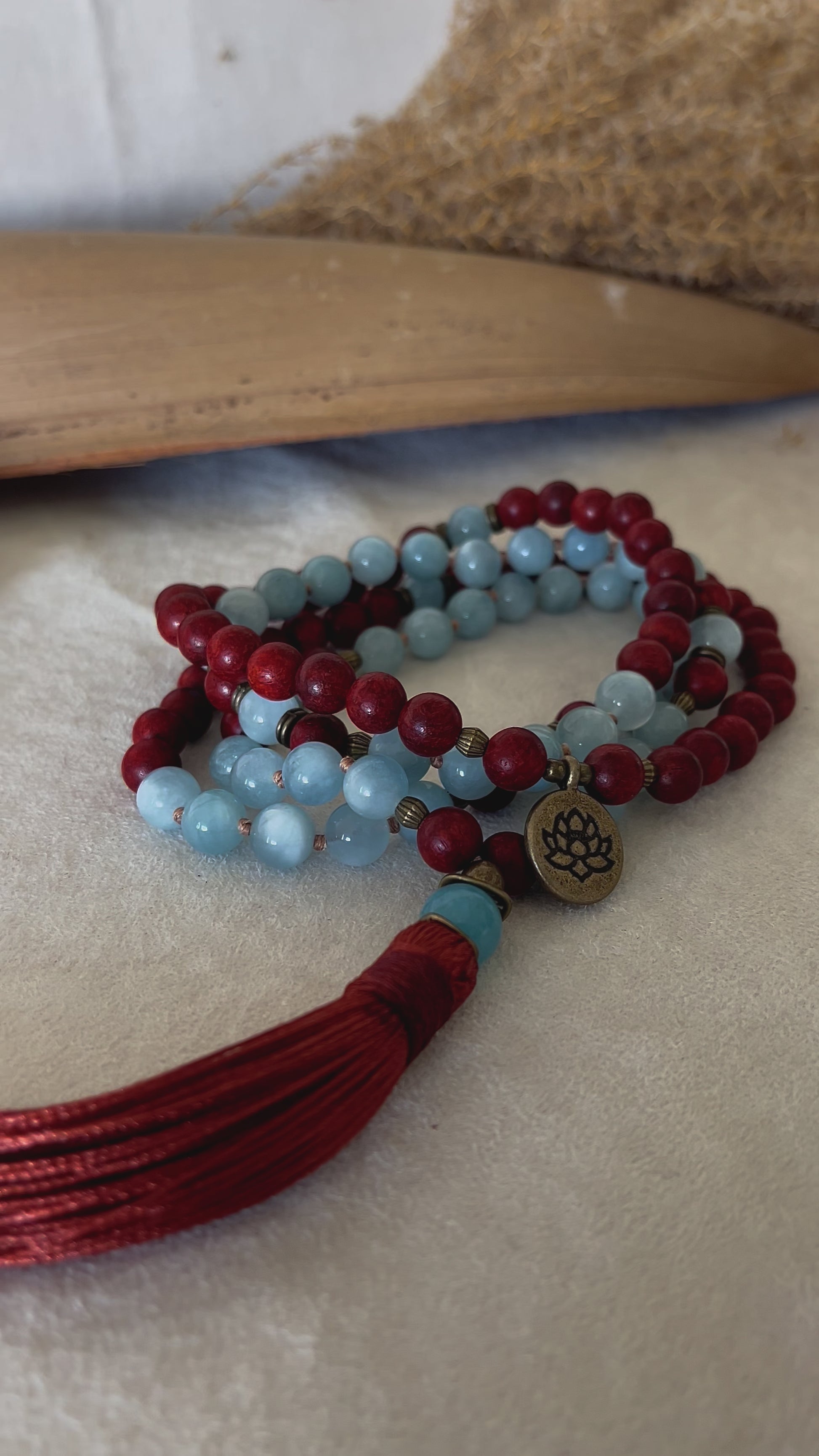 Video aquamarine mala, wood mala with aquamarine and tassel