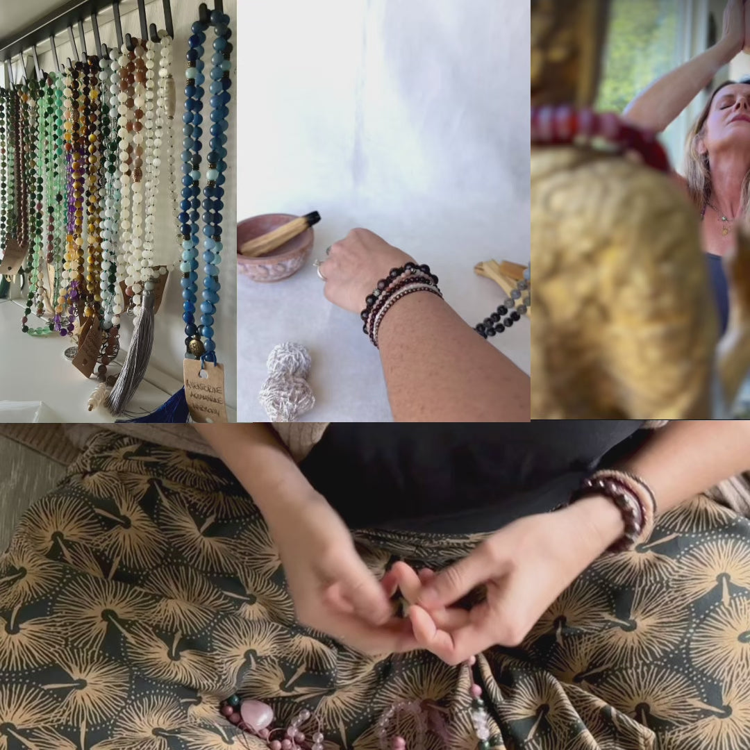 Video Mala for Creativity and Vision – Aquamarine and Labradorite | Hand Knotted 108 Beads for Meditation & Inner Transformation - om pendant - Samdea mala for Aquarius zodiac sign