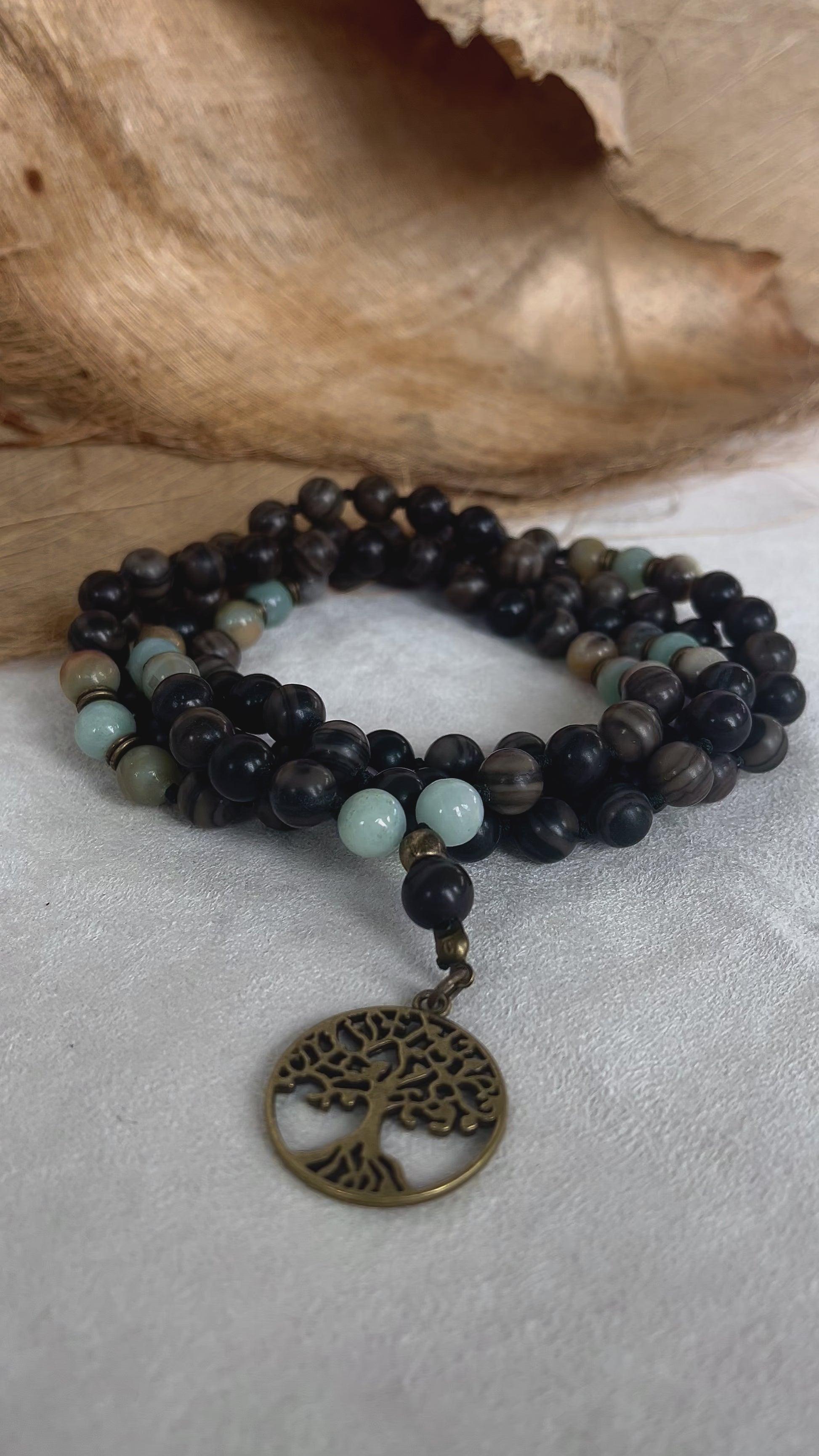 Video Preview of mala in petrified wood and amazonite - Mala for man, grounding and calming mala, handmade meditation beads, spiritual jewelry  natural stones, gemstone mala for balance and healing, yoga accessory for mindfulness, earthy tones - Samdea Mala