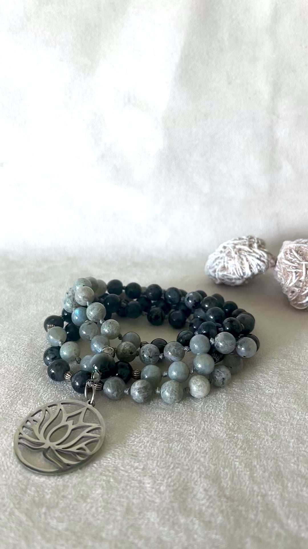Video Mala in Labradorite and Hawk Eye - custom mala bead, spiritual mala -  Lotus pendant