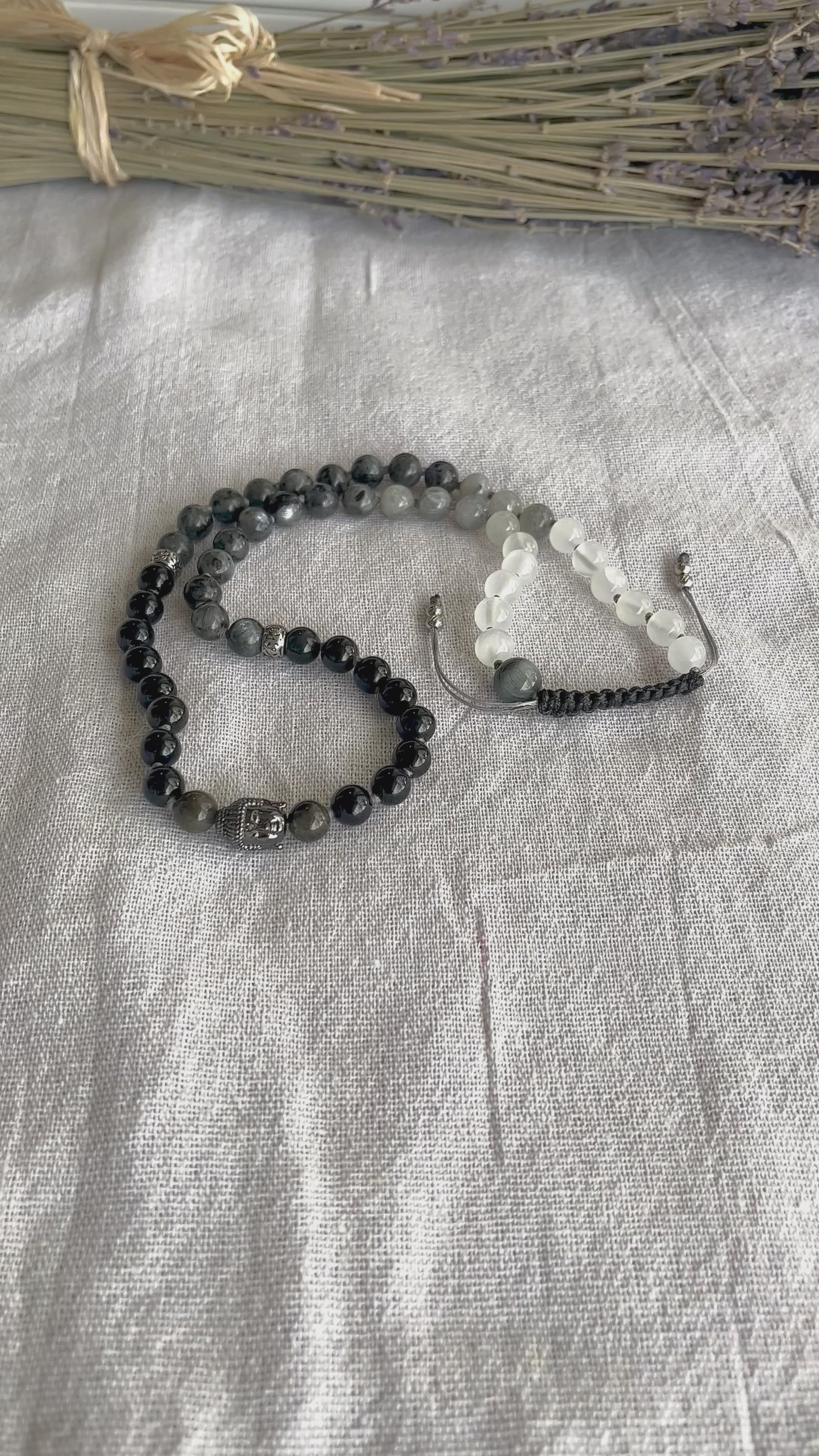 Video preview of Half Mala & Wrap Bracelet in Obsidian, Labradorite & Selenite – Custom Mala Beads Necklace Handmade