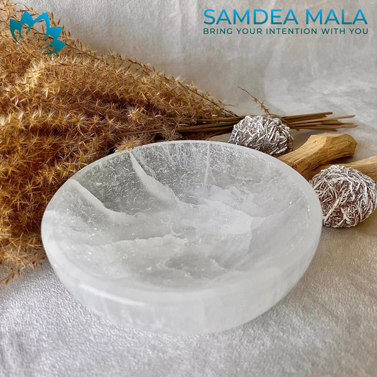 Samdea Mala selenite charging bowl for gemstone purification. 4-inch white selenite smudge bowl for recharging crystals. Ethical Moroccan selenite bowl for altar.