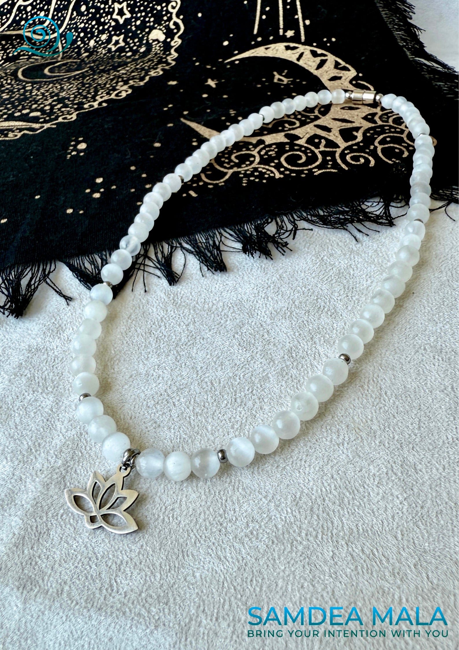 Handmade selenite and lotus necklace by Samdea Mala, spiritual jewelry for clarity and awakening
