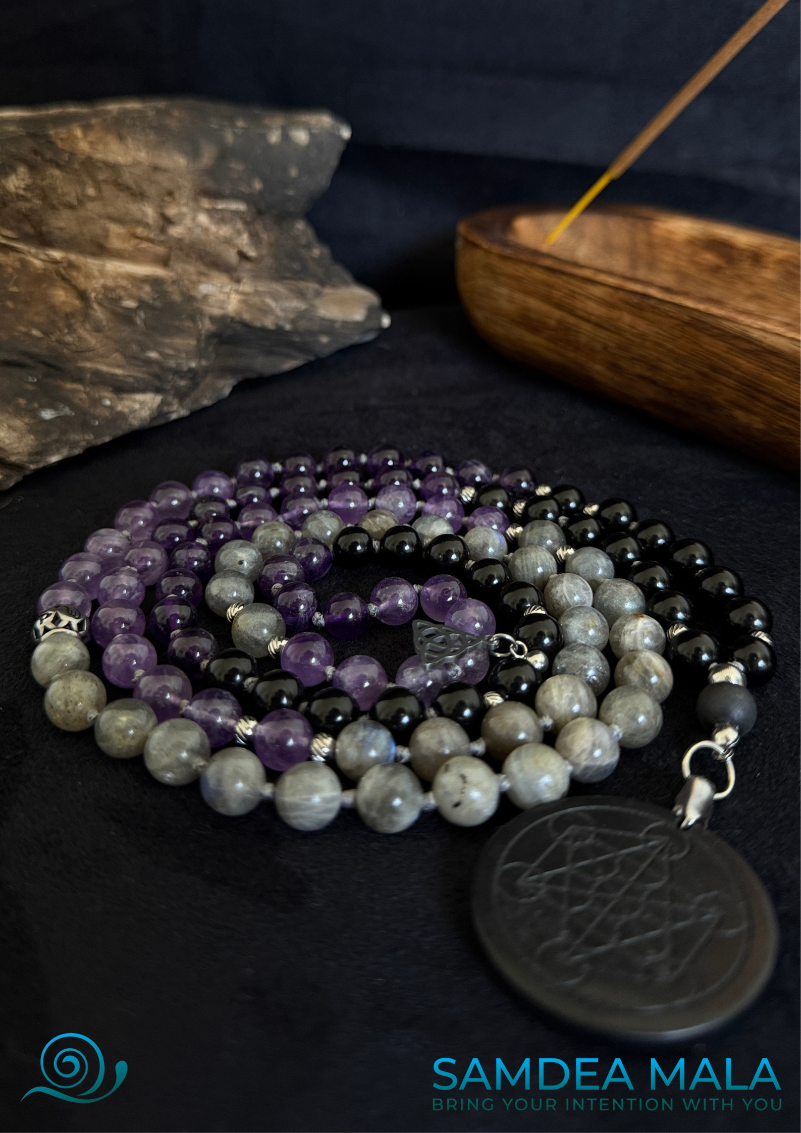 Samdea Mala for shadow work mala beads with obsidian, amethyst, labradorite and shungiter, hand knotted mala, handmade in US. 108 grounding meditation beads with dark feminine spiritual energy. Inner child and trauma healing mala necklace. Metatron’s Cube pendant in shungite and sacred symbols.