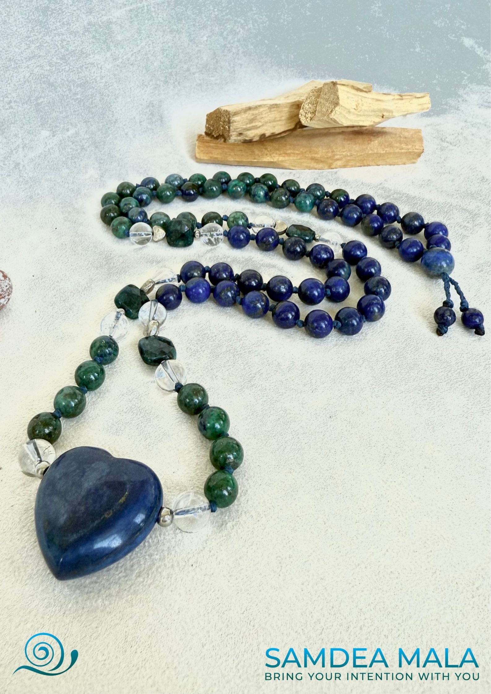 Short spiritual Mala beads in chrysocolla, lapis lazuli and quartz with heart-shaped Meru, necklace beads for meditation and mindfulness.