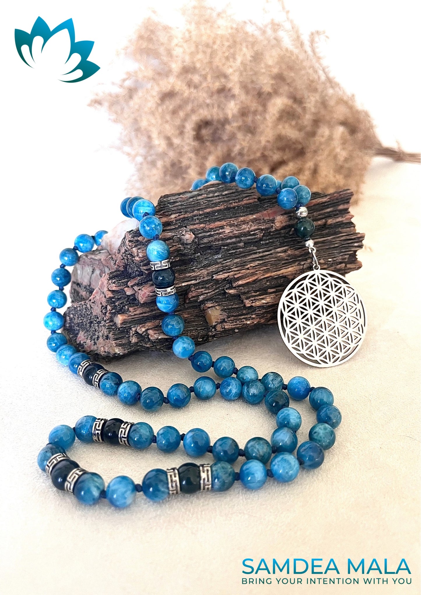 Apatite Mala Beads Necklace Handmade – Meditation Jewelry for Clarity and Focus - meditation bracelet, intention bracelets, custom mala, tibetan wrist mala, energy crystals bracelets, spiritual mala, bracelets with crystals, custom mala bracelet, natural gemstones bracelets - Samdea Mala
