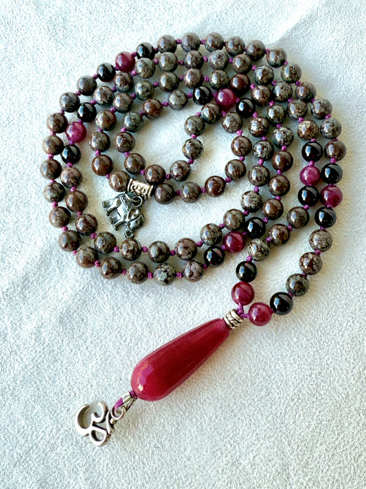 Samdea Mala—snowflake obsidian and garnet 108 prayer beads, hand-knotted 6mm necklace
