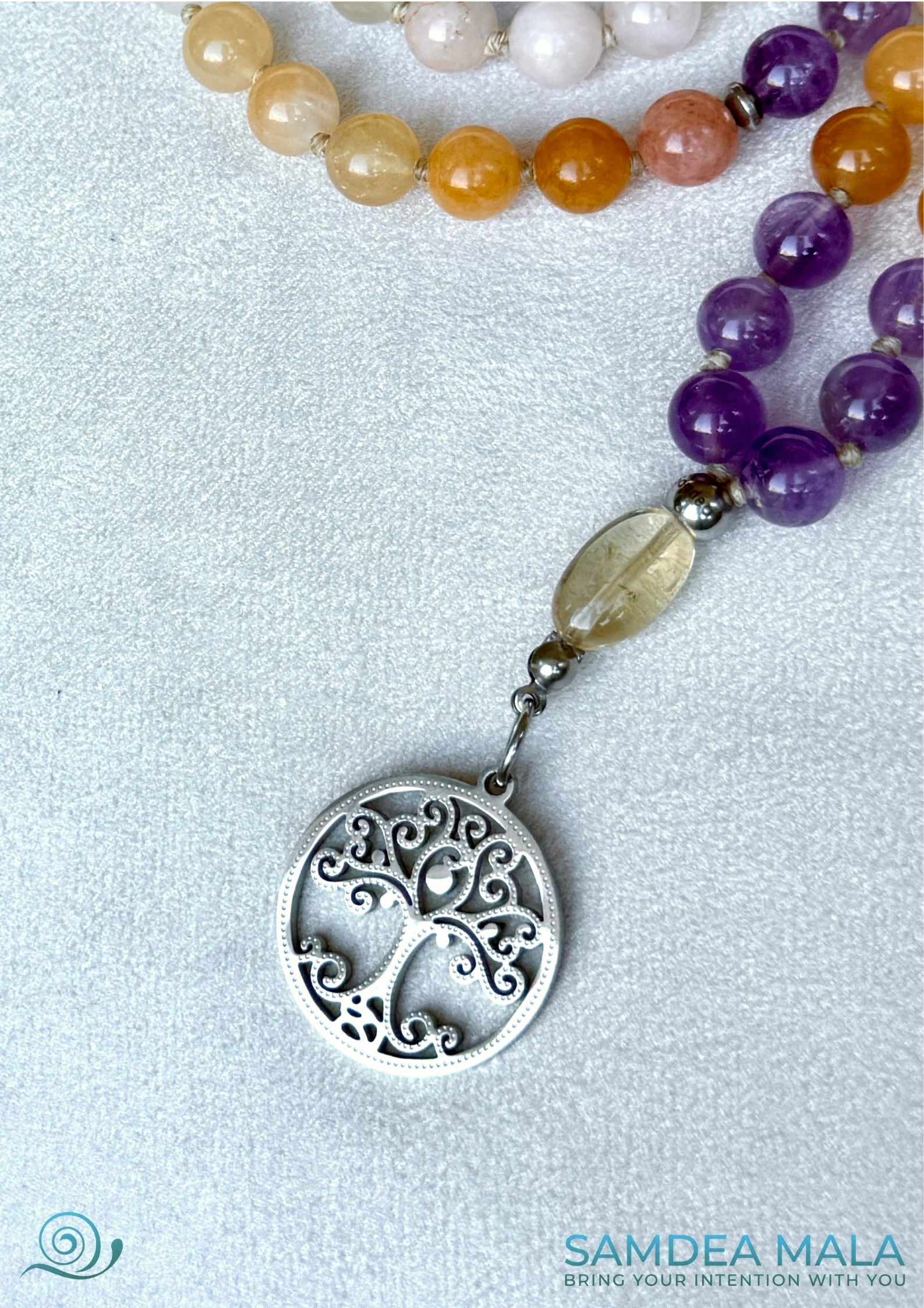 Citrine meru crystal detail on mala necklace, supportive for optimism and inner wisdom - tree of life pendan