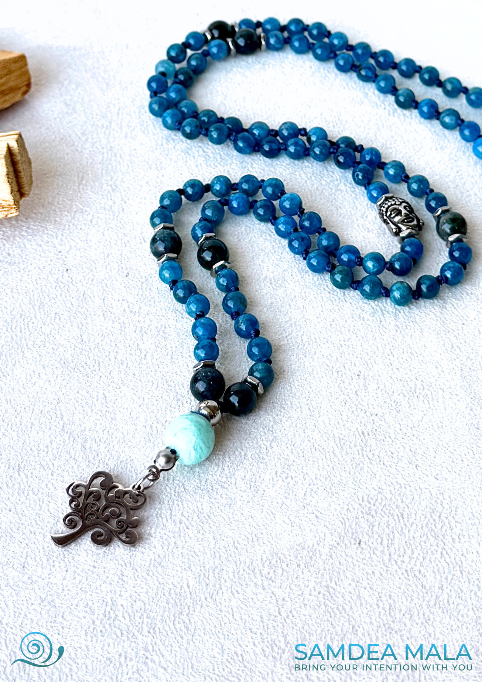 108 bead Apatite meditation mala with hand-knotted gemstone beads, tree of life pendant