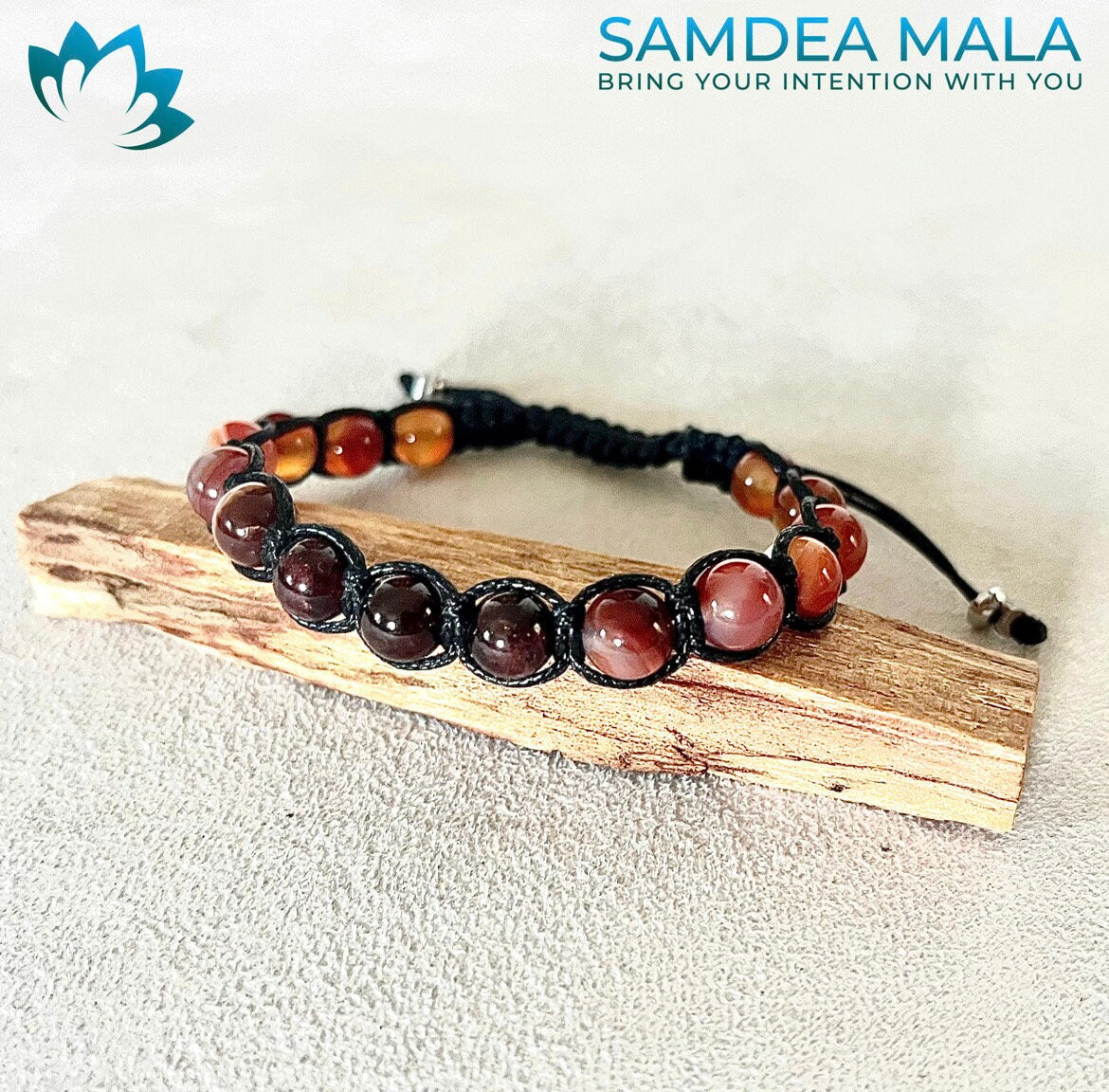 Samdea Mala – Tibetan-style bracelet with Carnelian, Agate, and Garnet, meditation bracelet Shamballa for energy, balance and inner power, red colour.