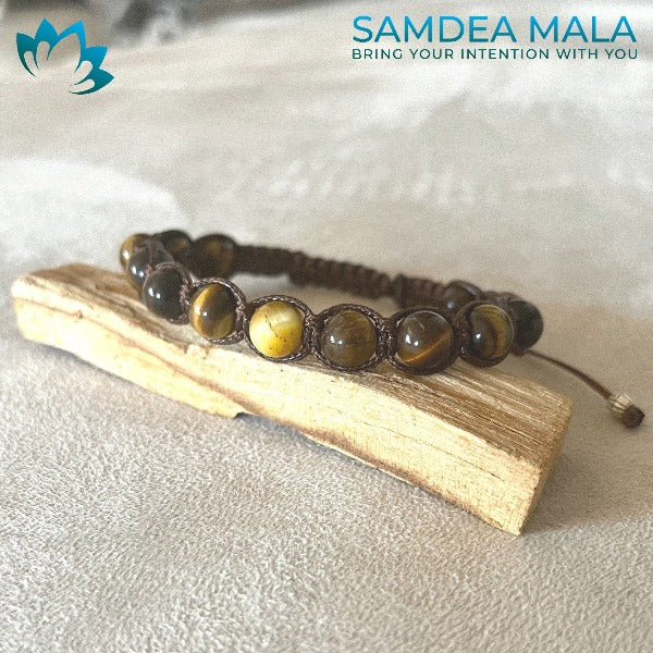 Tibetan Tamashii-Style Bracelet in Tiger Eye - meditation bracelet beads, in brown and yellow shades. Man spiritual bracelet.