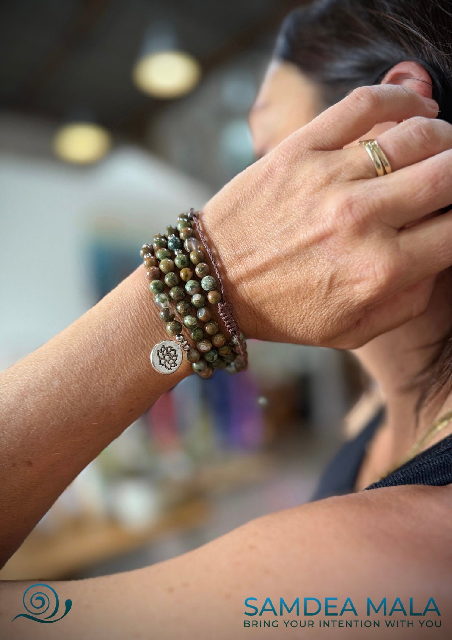 Mala bracelet beads Samdea Mala worn by a young woman