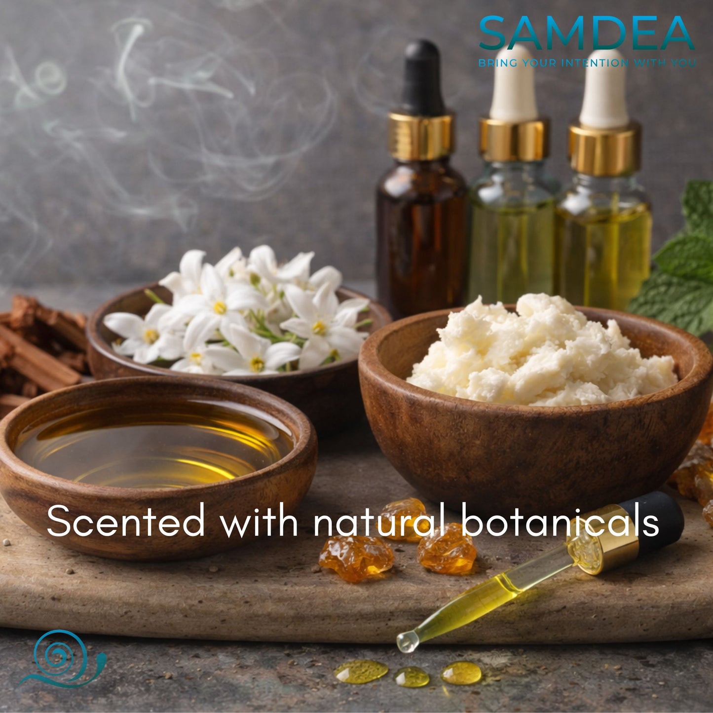 sacred ingredients for body care vegan body butter Samdea, organic, ethically source ingredients, natural fragrances, natural essential oil on wood with gemstones. Jasmine flowes, lavender and sanldawood natural botanicals