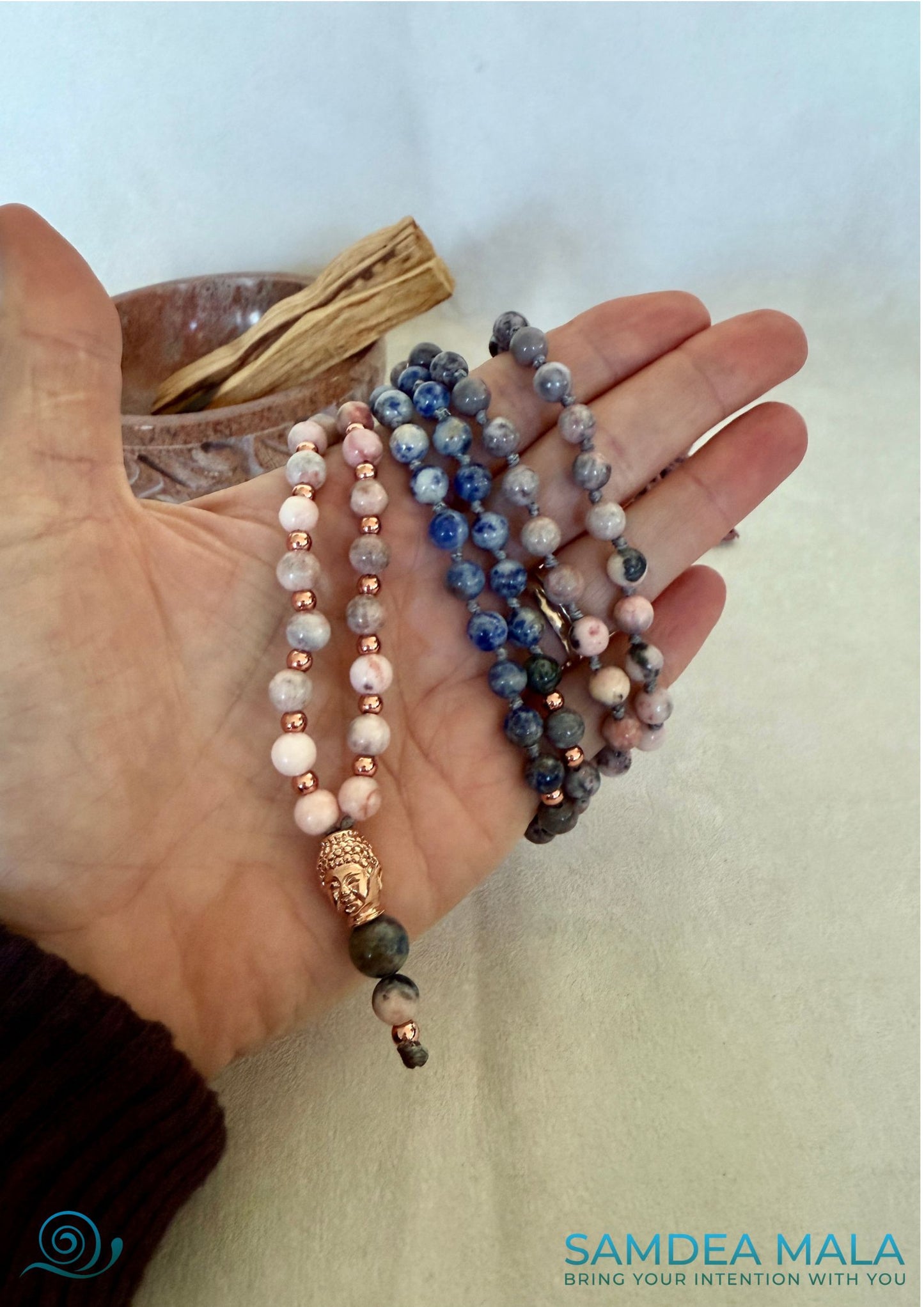 Blue Mala Necklace: 108 Beads on a hand