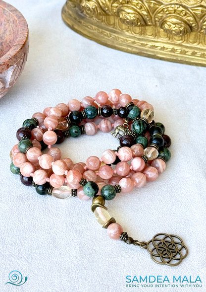 sun mala, 108 Mala prayer beads, custom mala, prayer beads, energy of the sun, sunstone, Full 108-bead mala for meditation and vitality with seed of life pendant.