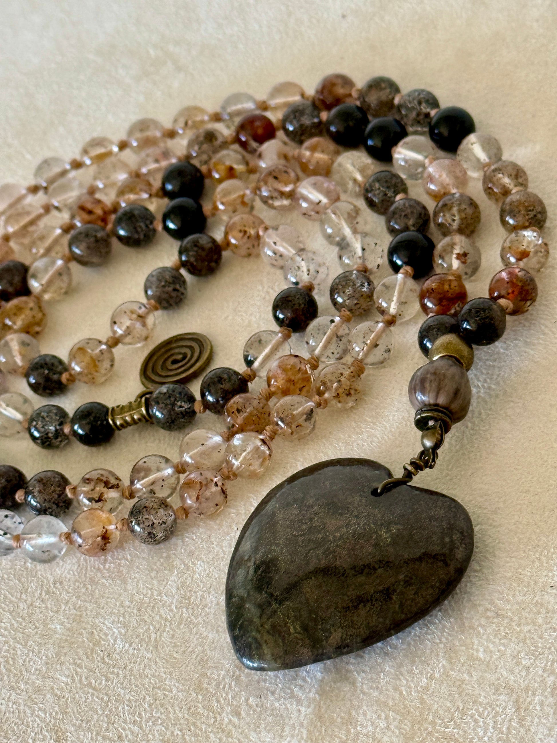 One-of-a-kind 108 bead Herkimer diamond and black tourmaline mala with Job’s tears seed meru and pyrite heart pendant, handmade by Samdea