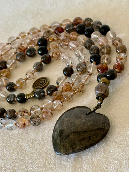 One-of-a-kind 108 bead Herkimer diamond and black tourmaline mala with Job’s tears seed meru and pyrite heart pendant, handmade by Samdea