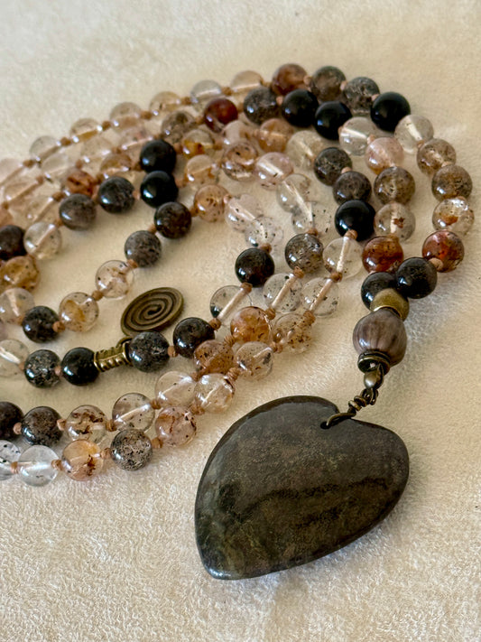 One-of-a-kind 108 bead Herkimer diamond and black tourmaline mala with Job’s tears seed meru and pyrite heart pendant, handmade by Samdea