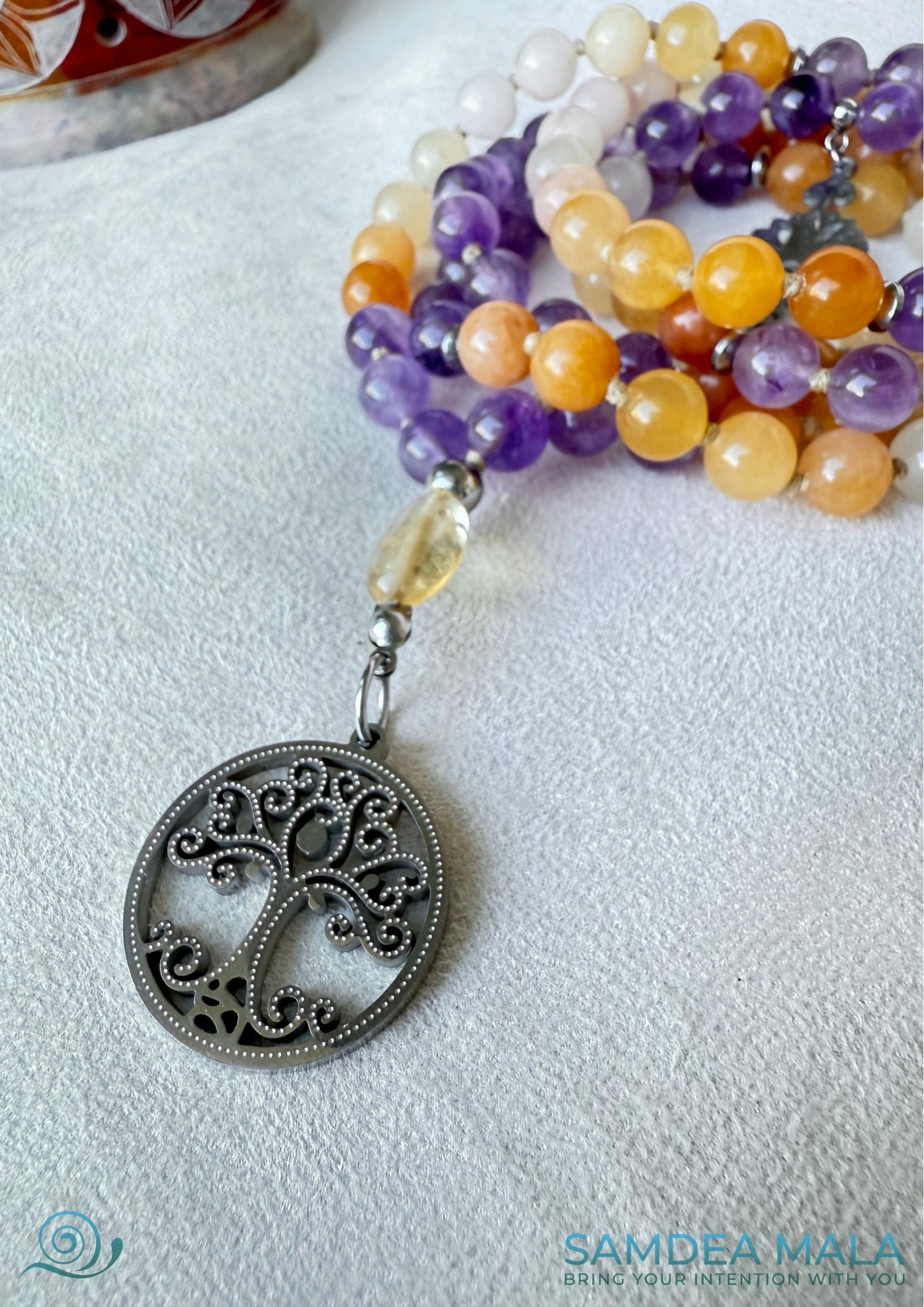 108 bead mala for meditation for Sagittarius —natural gemstones, joyful yellow jade and soothing amethyst tree of life pendant