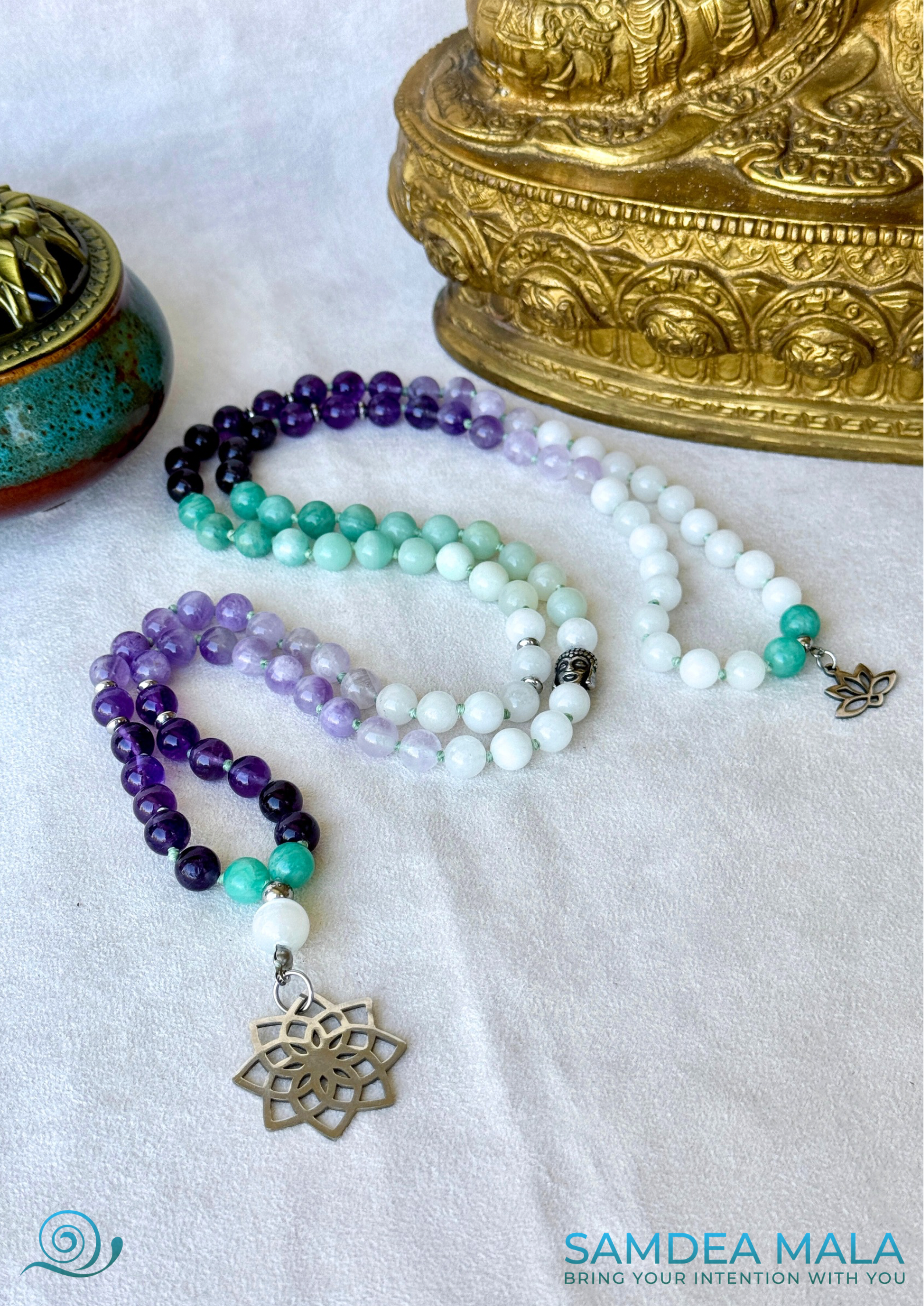 Samdea Mala for letting go and emotional healing – 108 bead necklace with amethyst, amazonite and jade - full view. Mala for Pisces Zodiac Sign. Buddha charm, seed of life pendant and lotus charm

