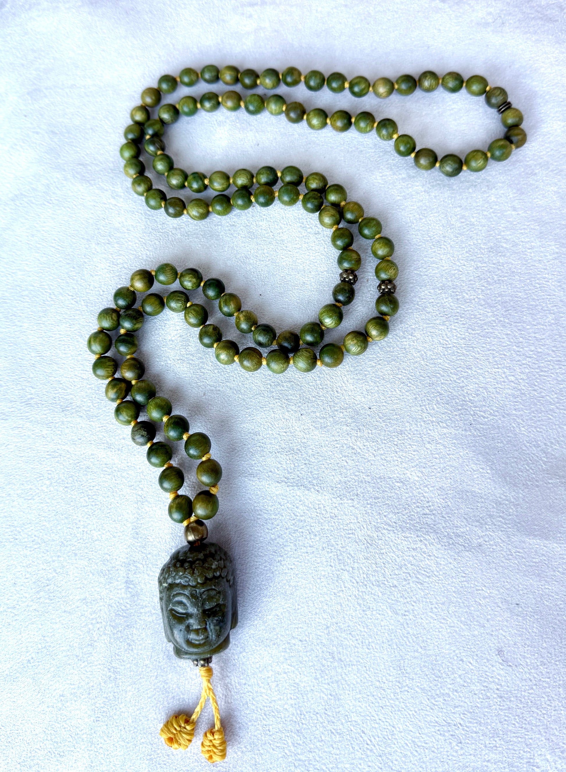 108 bead sandalwood meditation mala with large jade Buddha meru pendantwith large jade Buddha meru pendant
