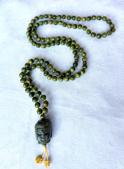 108 bead sandalwood meditation mala with large jade Buddha meru pendantwith large jade Buddha meru pendant