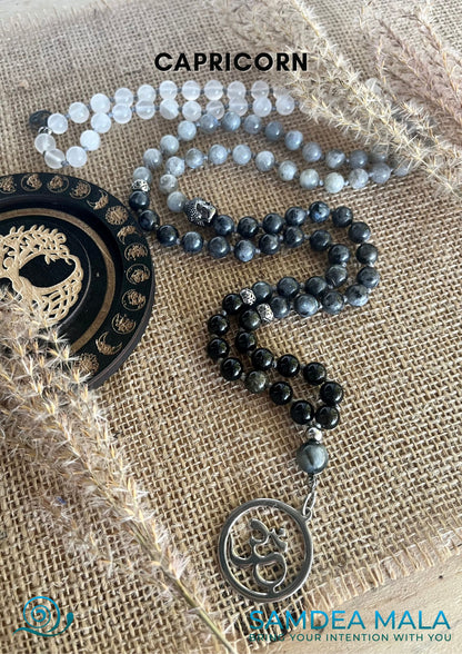 Mala Beads Necklace Handmade – Capricorn Mala in Obsidian, Labradorite & Selenite - meditation bracelet, intention bracelets, custom mala, tibetan wrist mala, energy crystals bracelets, spiritual mala, bracelets with crystals, custom mala bracelet, natural gemstones bracelets - Samdea Mala