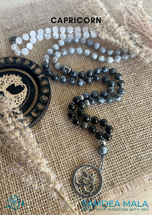 Mala Beads Necklace Handmade – Capricorn Mala in Obsidian, Labradorite & Selenite - meditation bracelet, intention bracelets, custom mala, tibetan wrist mala, energy crystals bracelets, spiritual mala, bracelets with crystals, custom mala bracelet, natural gemstones bracelets - Samdea Mala