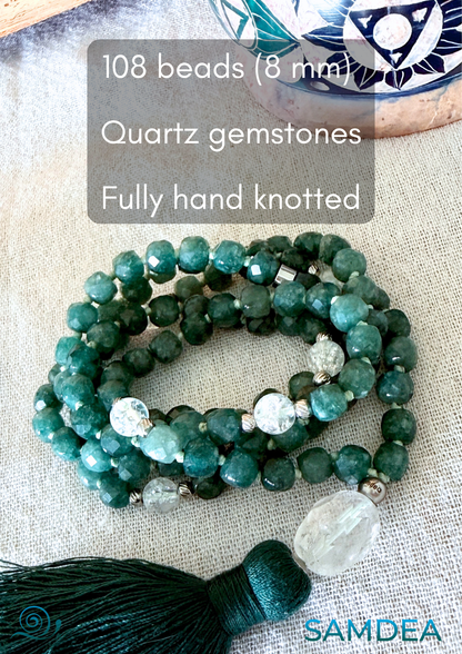 Mala in Quarzo Sfaccettato e Quarzo – Mala da Meditazione e Mindfulness con 108 Pietre da 8 mm e Nappina