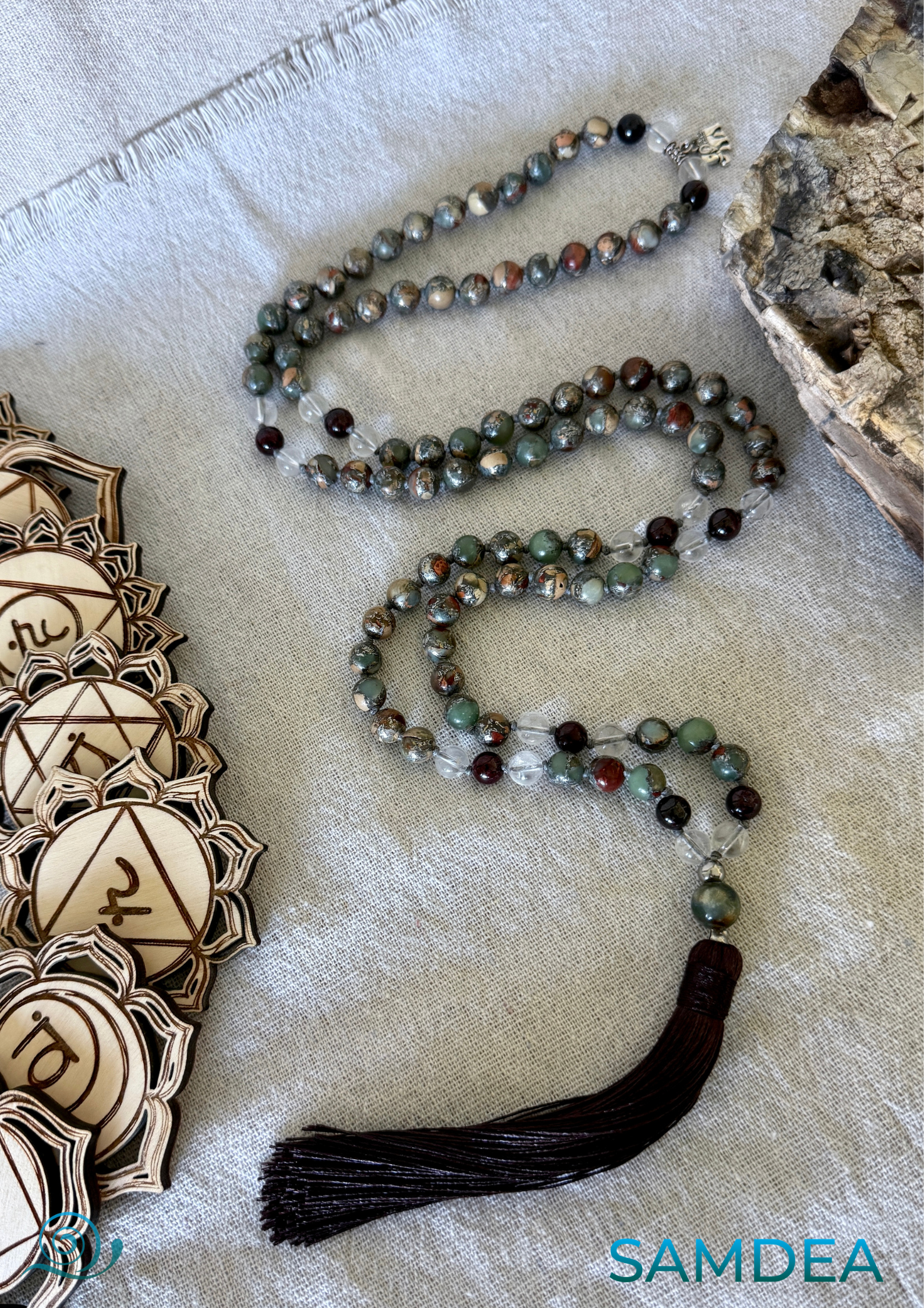 4 Elements Mala Necklace: Aqua, Earth, Air, and Fire with tassel mala meditation, handmade mala, chakra mala beads, mala for grounding, spiritual growth mala, balance mala, energy mala, yoga mala necklace, daily wear mala, made in California 4 Elements Mala Necklace – Aqua Terra Jasper, Clear Quartz, Garnet & Agate for Balance and Vitality