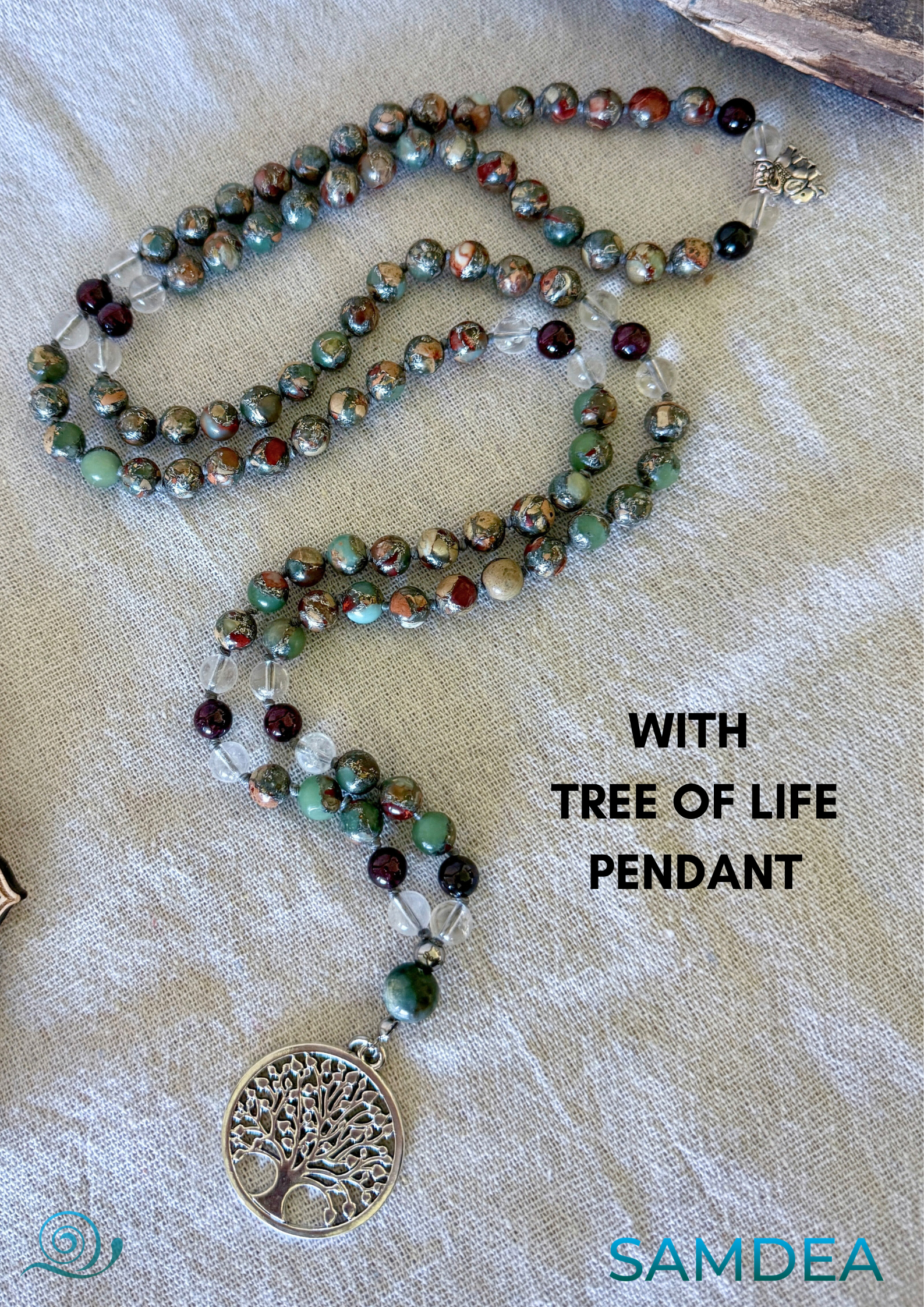 4 Elements Mala Necklace: Aqua, Earth, Air, and Fire with tree of life pendant. Mala meditation, handmade mala, chakra mala beads, mala for grounding, spiritual growth mala, balance mala, energy mala, yoga mala necklace, daily wear mala, made in California 4 Elements Mala Necklace – Aqua Terra Jasper, Clear Quartz, Garnet & Agate for Balance and Vitality