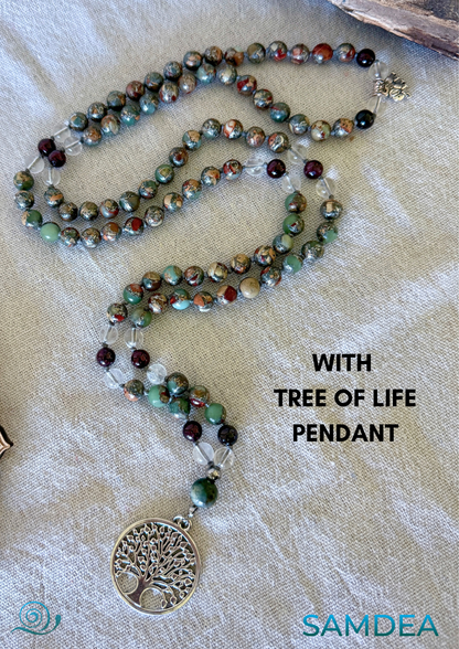 4 Elements Mala Necklace: Aqua, Earth, Air, and Fire with tree of life pendant. Mala meditation, handmade mala, chakra mala beads, mala for grounding, spiritual growth mala, balance mala, energy mala, yoga mala necklace, daily wear mala, made in California 4 Elements Mala Necklace – Aqua Terra Jasper, Clear Quartz, Garnet & Agate for Balance and Vitality