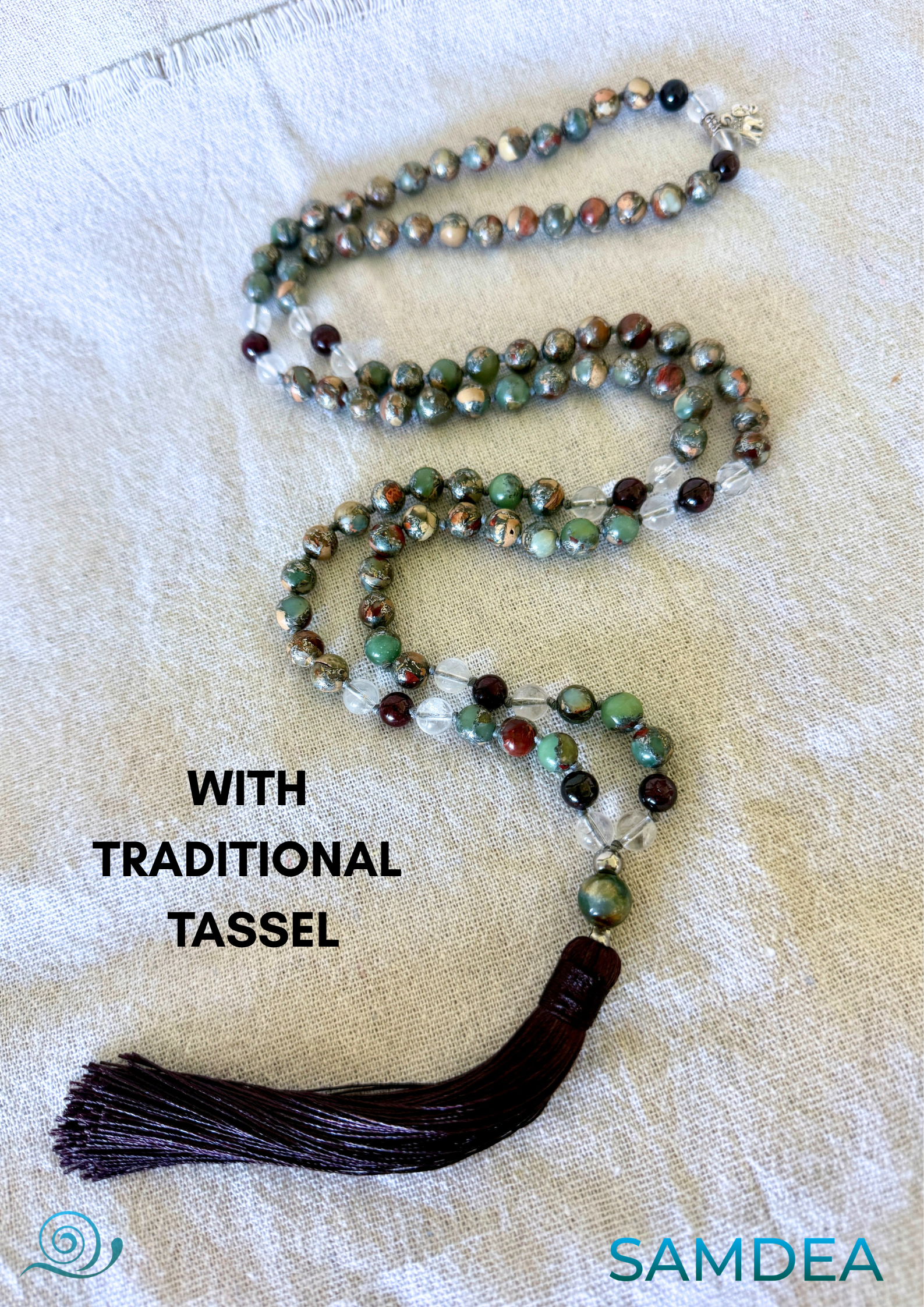 4 Elements Mala Necklace: Aqua, Earth, Air, and Fire with tassel mala meditation, handmade mala, chakra mala beads, mala for grounding, spiritual growth mala, balance mala, energy mala, yoga mala necklace, daily wear mala, made in California 4 Elements Mala Necklace – Aqua Terra Jasper, Clear Quartz, Garnet & Agate for Balance and Vitality