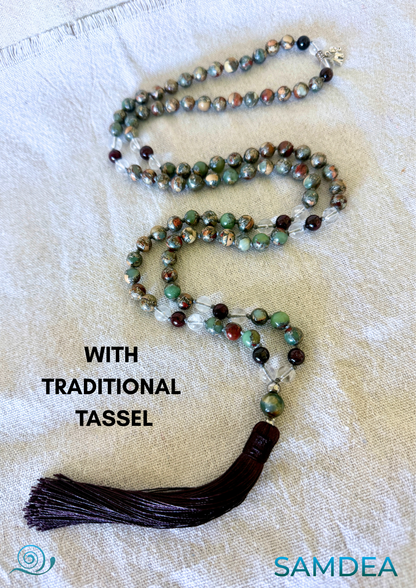 4 Elements Mala Necklace: Aqua, Earth, Air, and Fire with tassel mala meditation, handmade mala, chakra mala beads, mala for grounding, spiritual growth mala, balance mala, energy mala, yoga mala necklace, daily wear mala, made in California 4 Elements Mala Necklace – Aqua Terra Jasper, Clear Quartz, Garnet & Agate for Balance and Vitality
