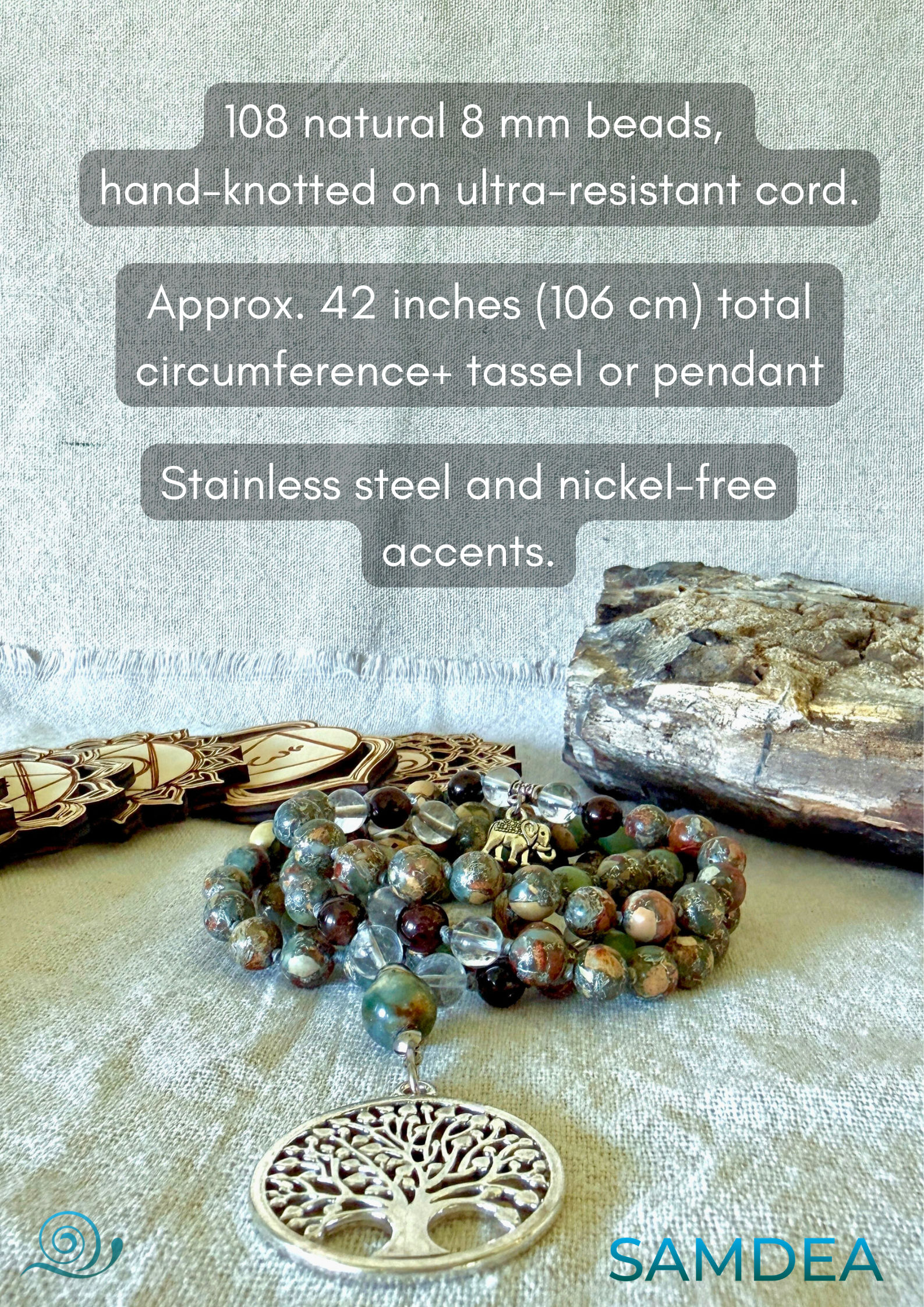 4 Elements Mala Necklace: Aqua, Earth, Air, and Fire with tree of life pendant. Mala meditation, handmade mala, chakra mala beads, mala for grounding, spiritual growth mala, balance mala, energy mala, yoga mala necklace, daily wear mala, made in California 4 Elements Mala Necklace – Aqua Terra Jasper, Clear Quartz, Garnet & Agate for Balance and Vitality