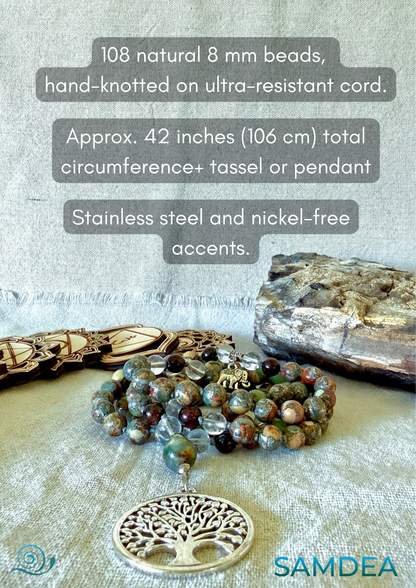 4 Elements Mala Necklace: Aqua, Earth, Air, and Fire with tree of life pendant. Mala meditation, handmade mala, chakra mala beads, mala for grounding, spiritual growth mala, balance mala, energy mala, yoga mala necklace, daily wear mala, made in California 4 Elements Mala Necklace – Aqua Terra Jasper, Clear Quartz, Garnet & Agate for Balance and Vitality