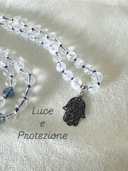 Collana Mala in Quarzo Ialino, Perline Aqua Aura, 108 Perline da Preghiera Meditative, Ciondolo Hamsa