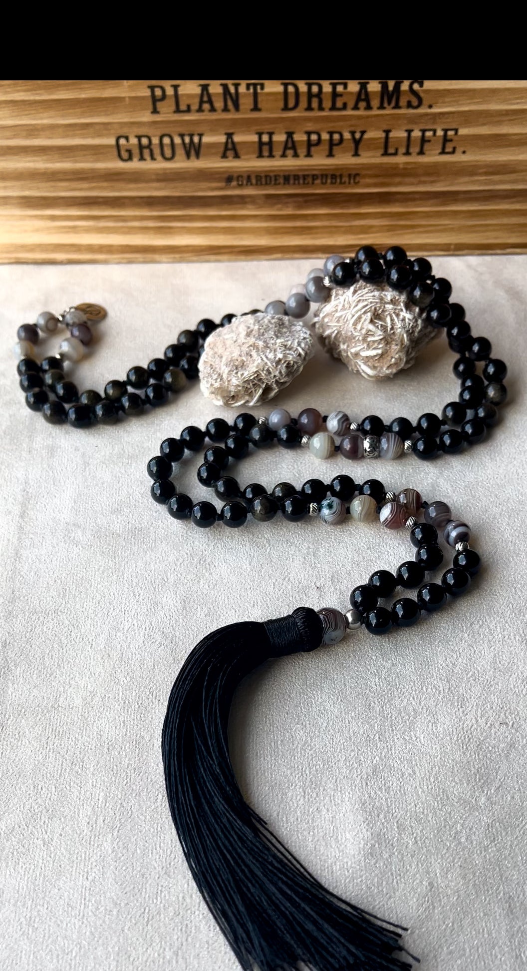 Mala, Short Mala or Mini Mala in Obsidian and Botswana Agate