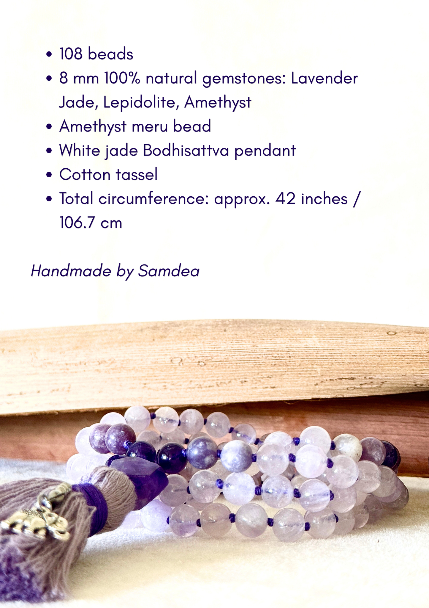 Mala 108 grani in Giada Lavanda, Lepidolite e Ametista con Bodhisattva in Giada Bianca