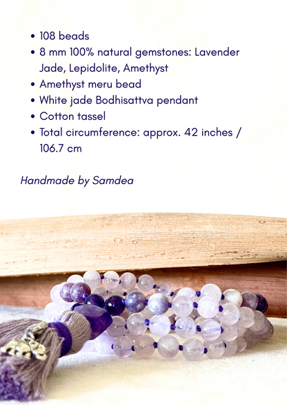 Mala 108 grani in Giada Lavanda, Lepidolite e Ametista con Bodhisattva in Giada Bianca