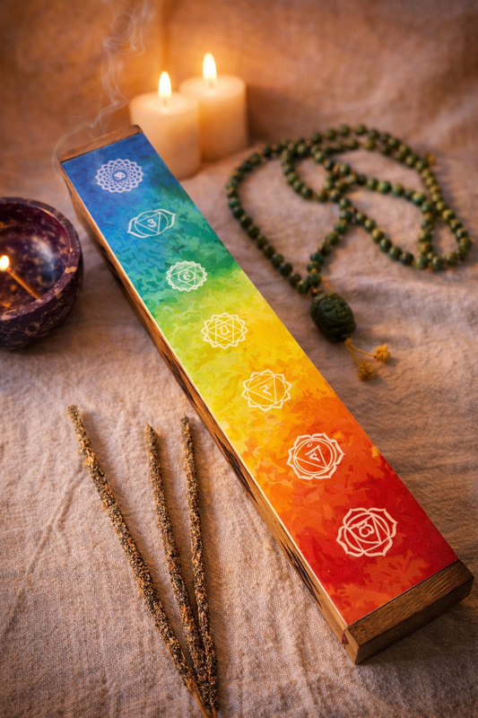 Samdea Mala 12 inch mango wood incense coffin box burner with diamond cutouts - 7 chakras incense box
