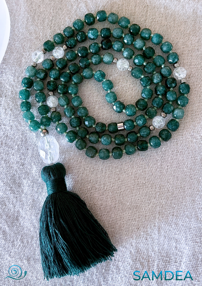 Mala in Quarzo Sfaccettato e Quarzo – Mala da Meditazione e Mindfulness con 108 Pietre da 8 mm e Nappina